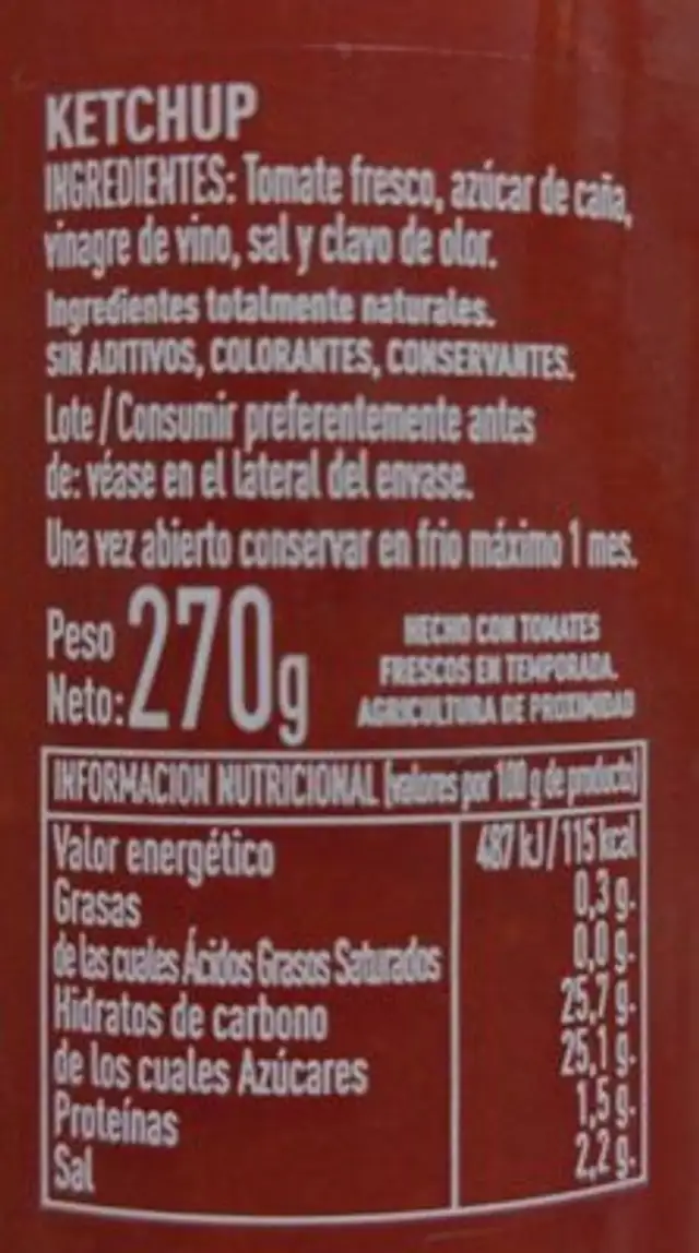 Ketchup nutrition facts table