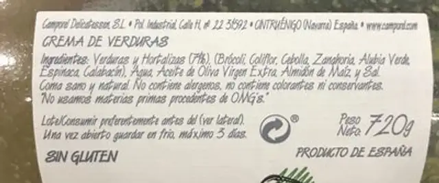 Crema de Verduras ingredients label