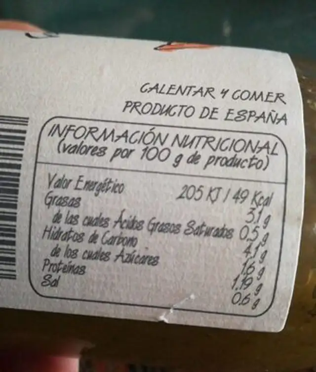 Crema de Verduras nutrition facts table