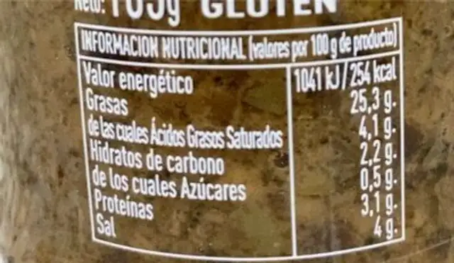 Olivada nutrition facts table