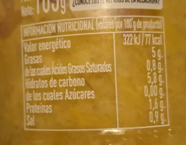 Paté de alcachofa nutrition facts table