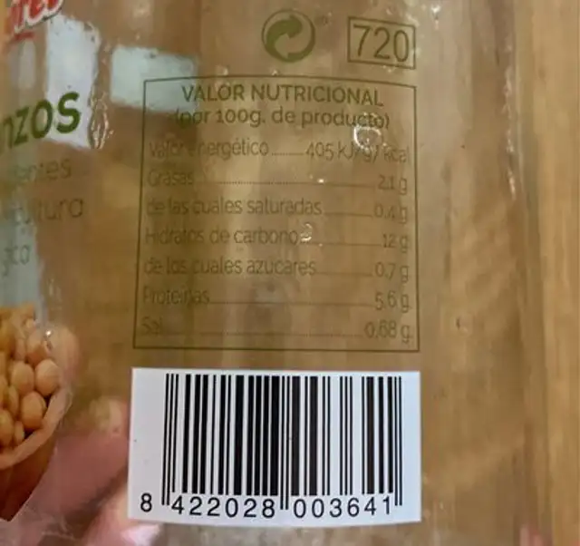 Garbanzos nutrition facts table