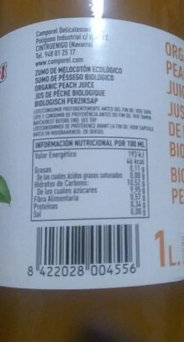 Zumo melocotón nutrition facts table