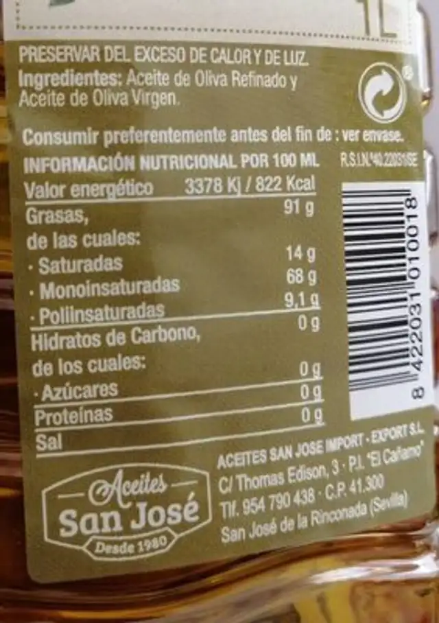 Aceite de oliva nutrition facts table
