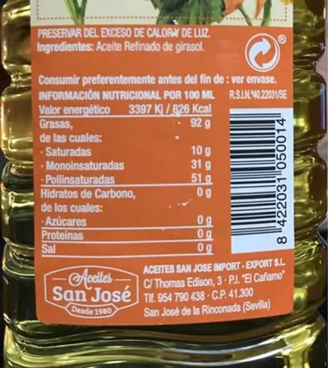 Aceite de Girasol Refinado nutrition facts table