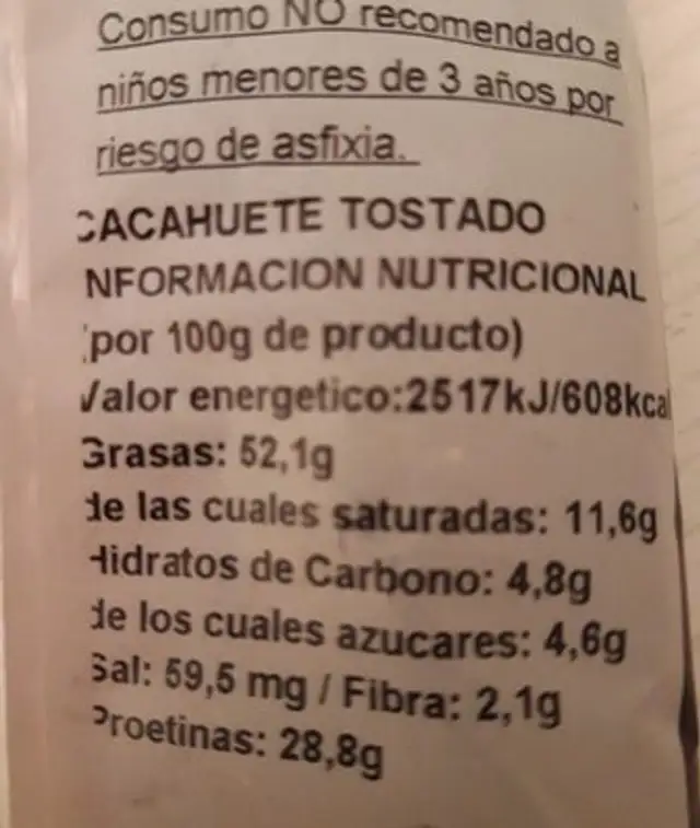 Cacahuete nutrition facts table