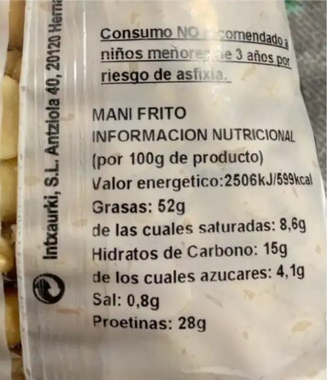Mani frito nutrition facts table