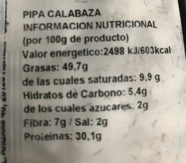 Pipa de calabaza nutrition facts table