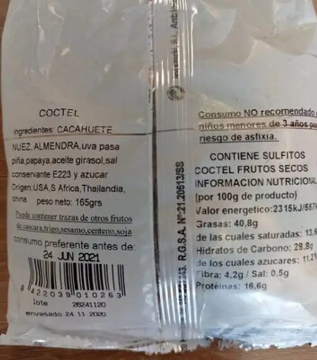 Frutos secos nutrition facts table