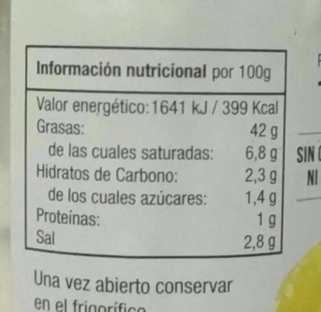 ALIOLI con perejil nutrition facts table