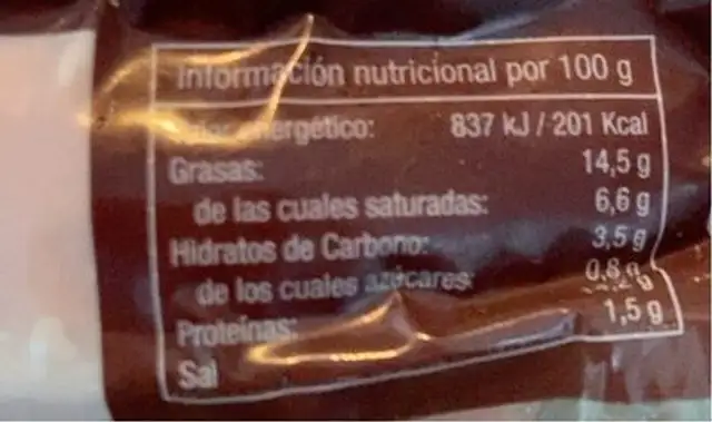 Salchichas mini nutrition facts table