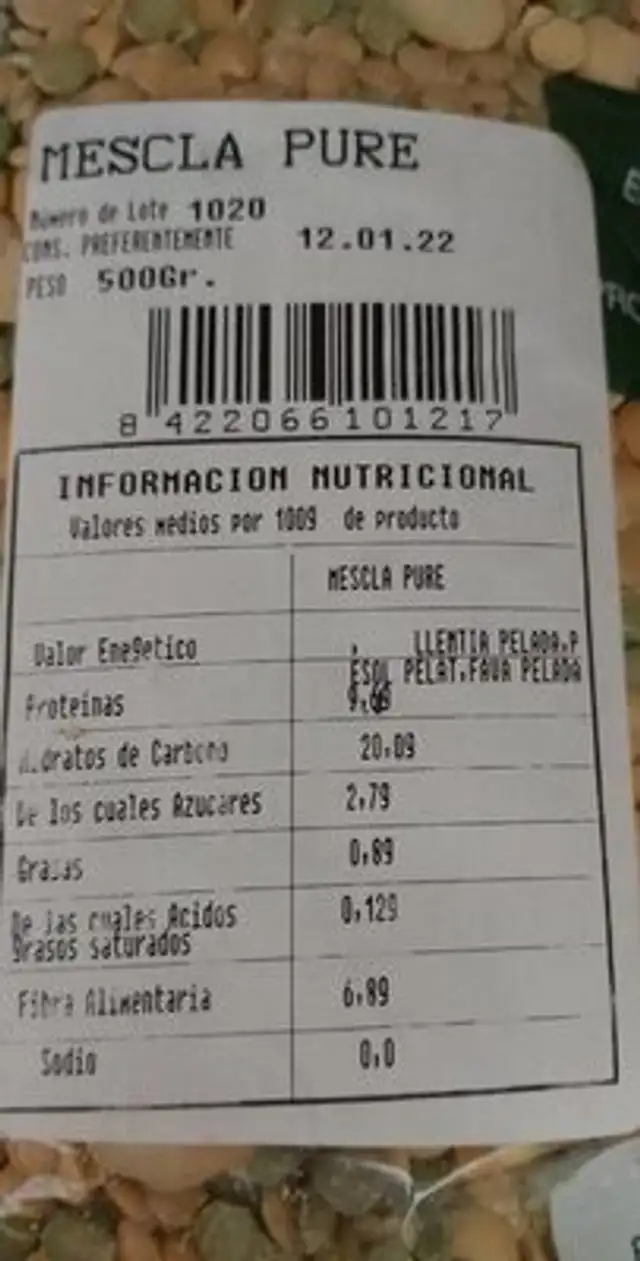 Legumbres nutrition facts table