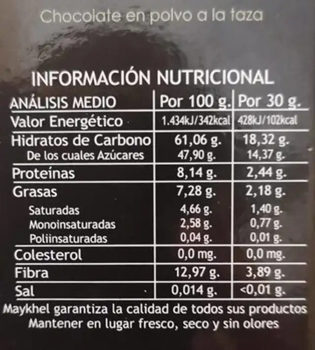 Chocolate a la taza nutrition facts table