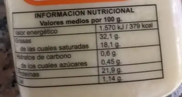 Queso madurado barra nutrition facts table