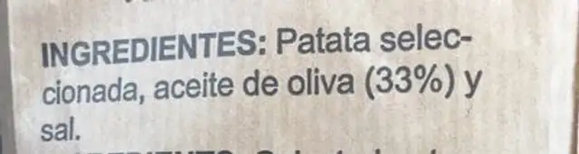 Patatas Fritas con Aceite de Oliva, salzig ingredients label