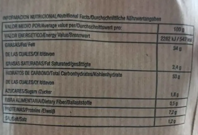 Patatas Fritas con Aceite de Oliva, salzig nutrition facts table
