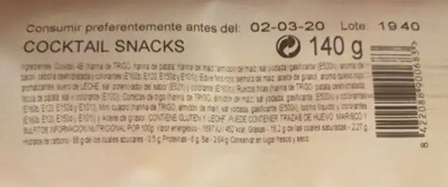 Surtido snacks nutrition facts table