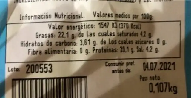 Hueva de mujol nutrition facts table