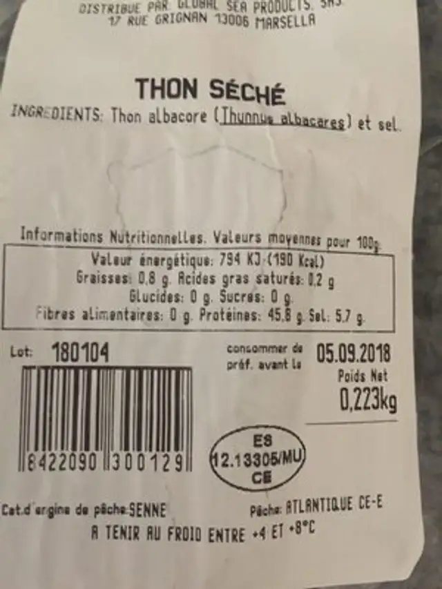 Thon seché ingredients label