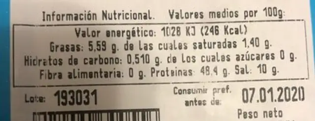 Salazones nutrition facts table
