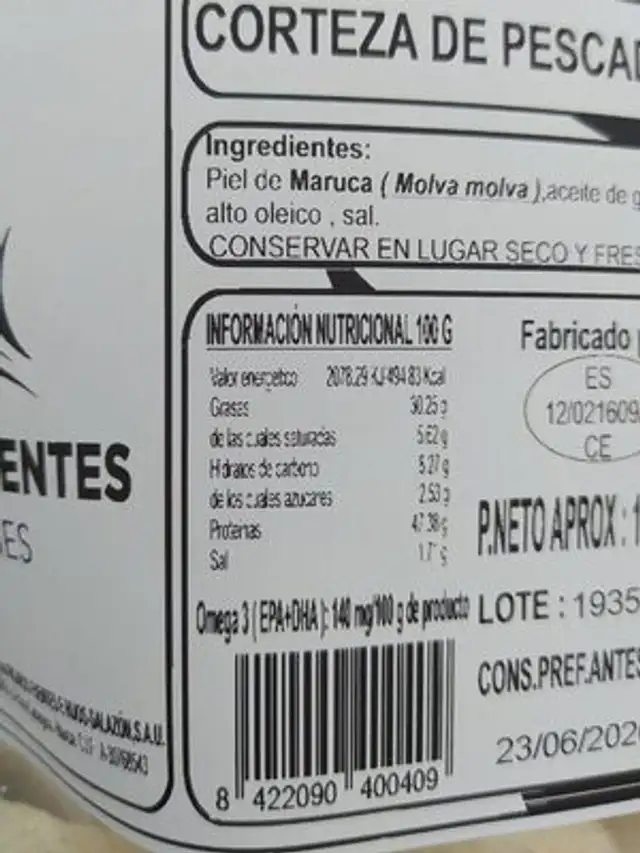 Corteza de pescado nutrition facts table