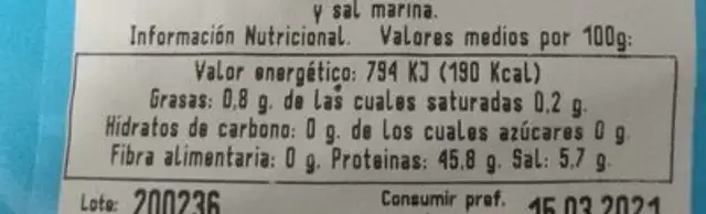 Mojama de atun nutrition facts table