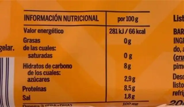 Barritas pescado nutrition facts table