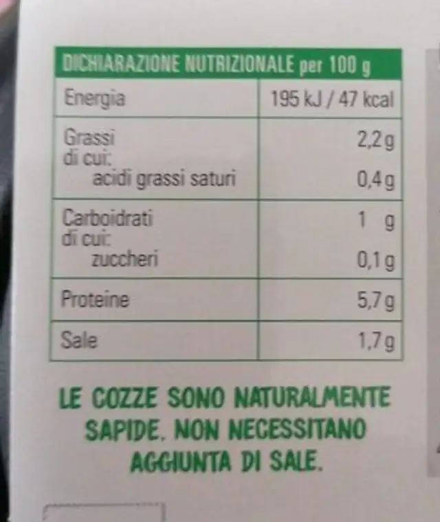 Cozze alla marinara nutrition facts table