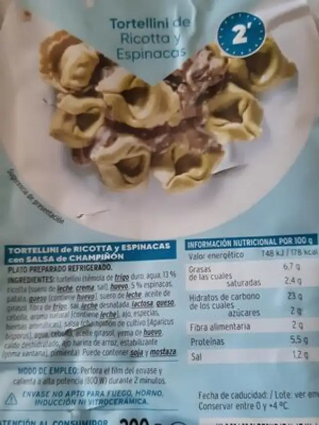 Tortellini de ricotta y espinacas nutrition facts table