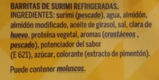 Barritas de surimi ingredients label