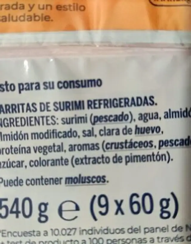 Barritas de surimi refrigerada ingredients label
