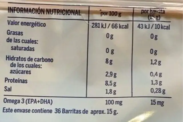 Barritas de surimi refrigerada nutrition facts table