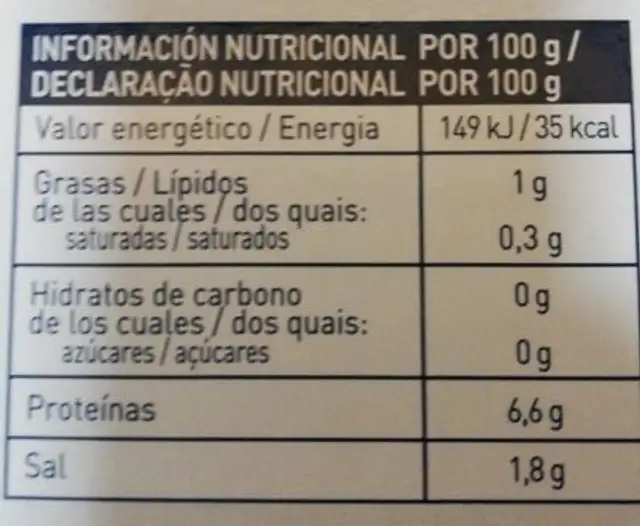 Mejillones cocidos en su jugo nutrition facts table