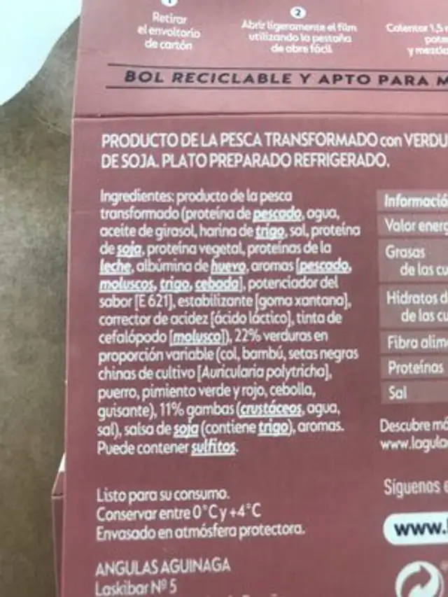 Bol Receta Oriental con Verduras,Gambas y Salsa de Soja ingredients label