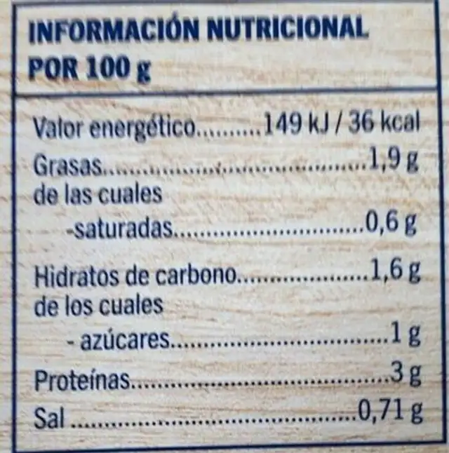 Sopa de Pescado nutrition facts table