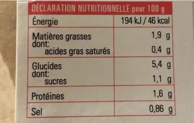 Veloute aux fruits de mer nutrition facts table