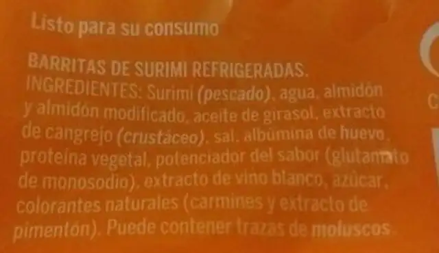 Barritas de surimi refrigeradas ingredients label