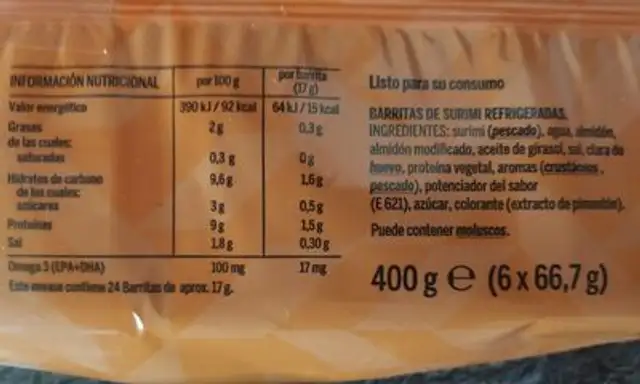 Barritas Cangrejo nutrition facts table