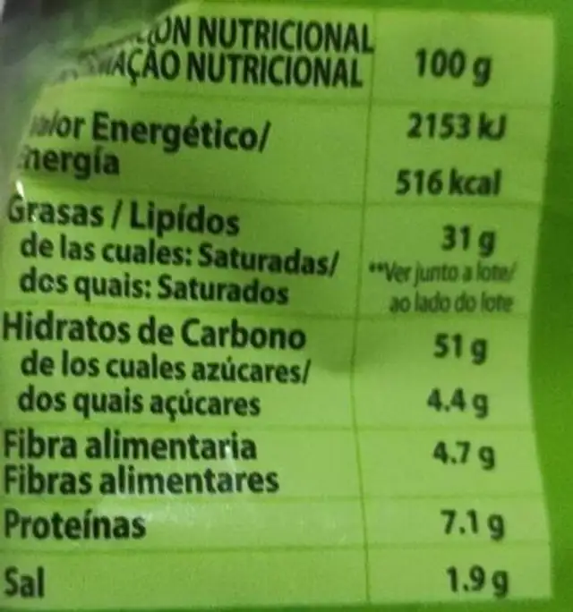 TOTAS nutrition facts table