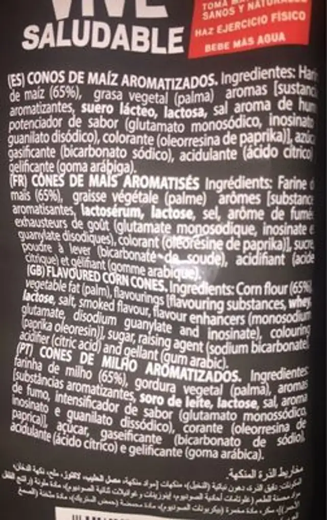 Cornettes de maiz ingredients label