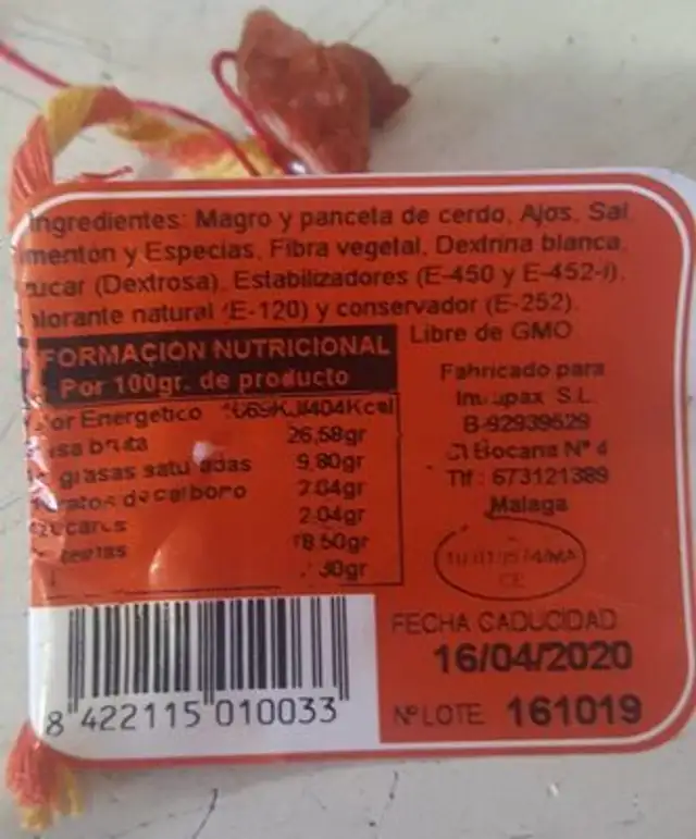Chorizos de colmenar nutrition facts table