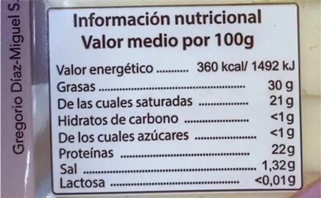 Queso tierno sin lactosa nutrition facts table