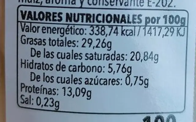 Crema de Queso de Oveja fundido con Boletus nutrition facts table