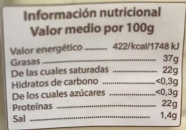 Havarti Tierno nutrition facts table