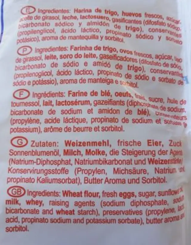 Bizcochadas ingredients label