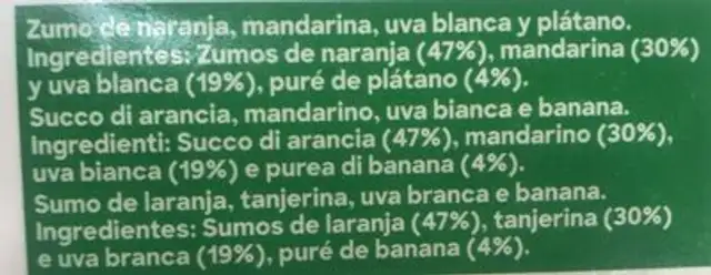 Zumo fresco Tropicana ingredients label