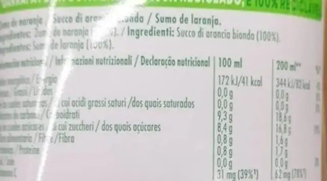 Zumo fresco Tropicana nutrition facts table