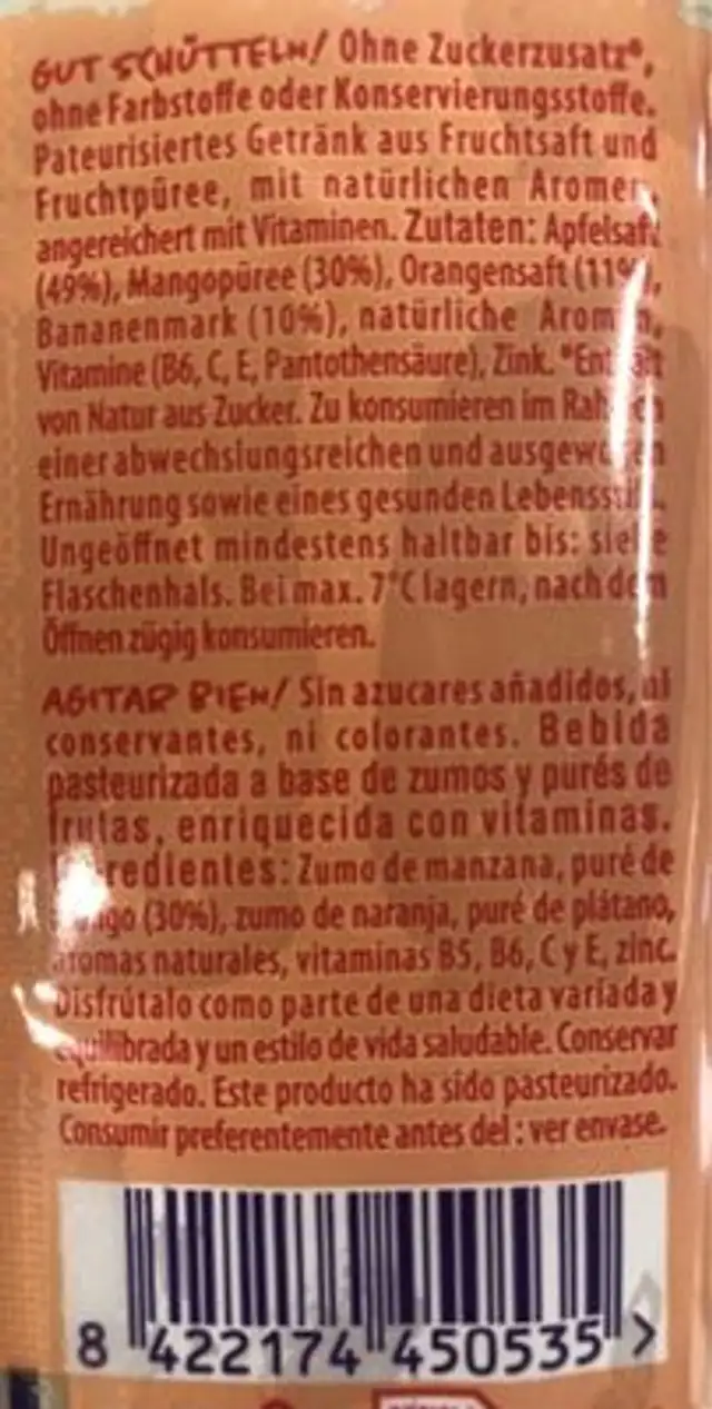 Antioxidant mango & orange smoothie ingredients label