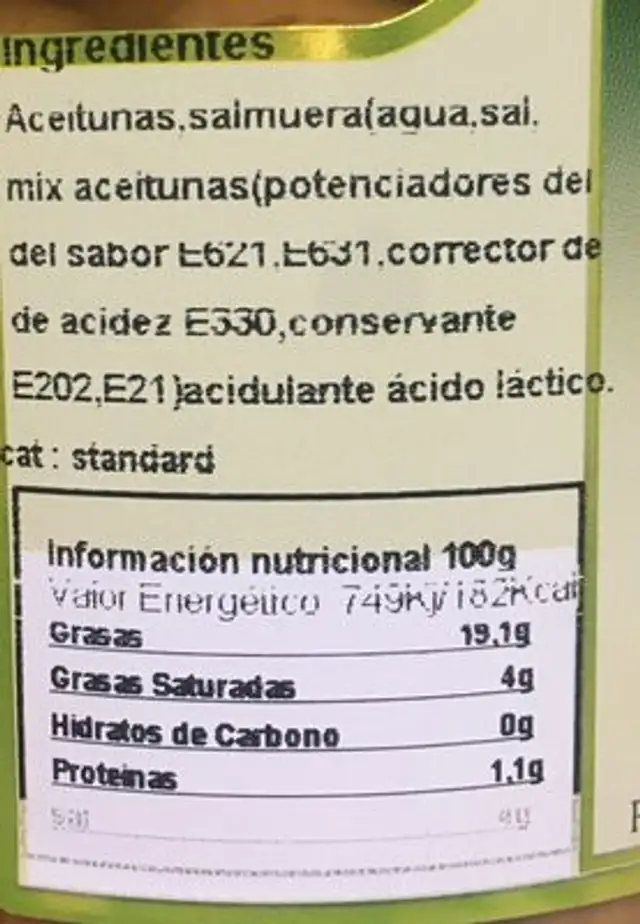 Aceitunas aliñadas nutrition facts table