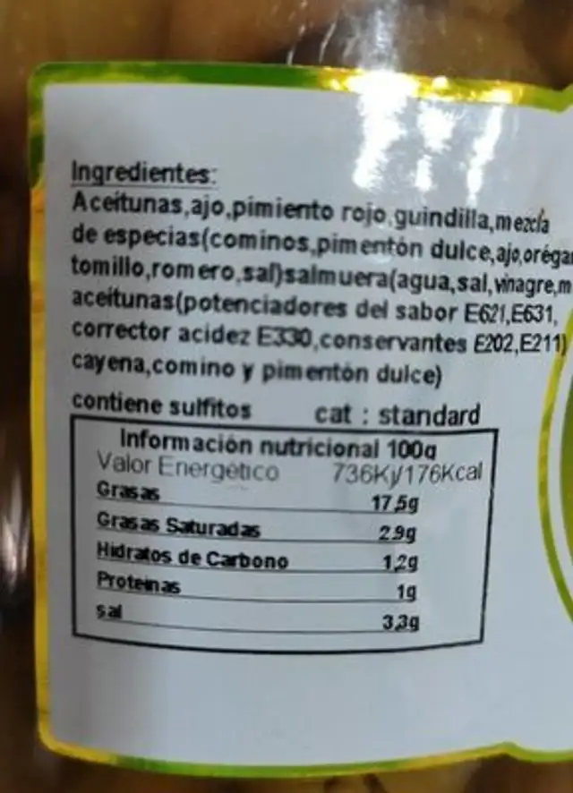 Aceituna Gordal aliñada "estilo casero" nutrition facts table